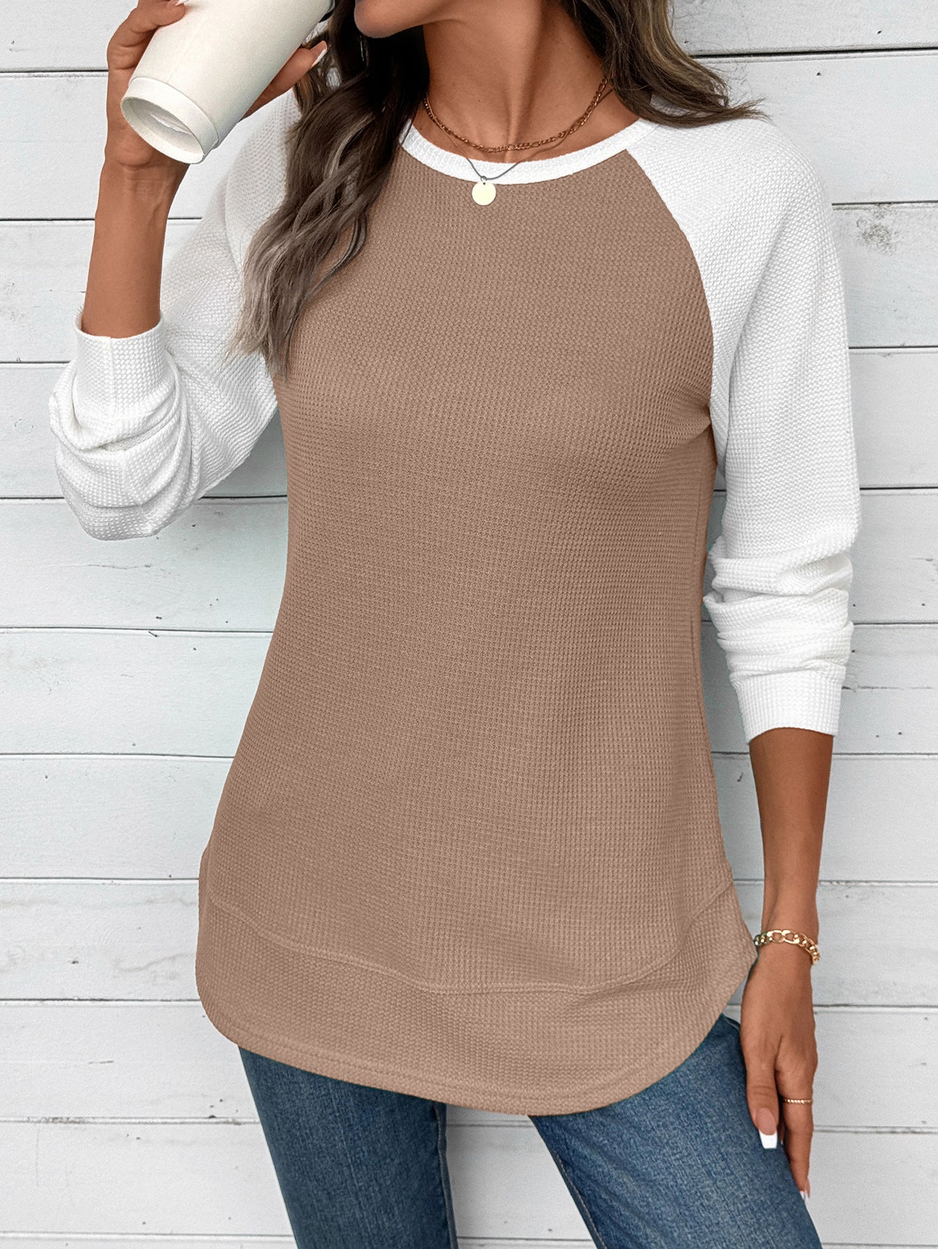 Colorblock Waffle Knit Long Sleeve Top Women Casual Tee