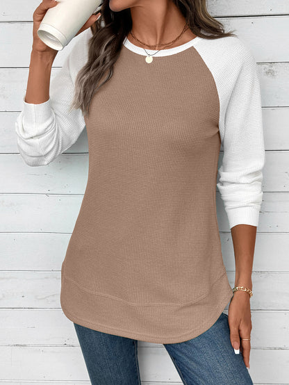 Colorblock Waffle Knit Long Sleeve Top Women Casual Tee