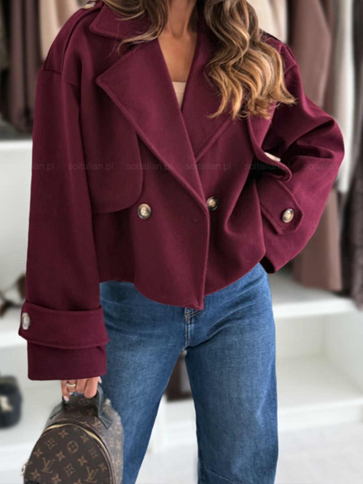 Women's Cropped Lapel Jacket Oversized Woven Coat