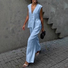 Women's Two Piece V-Neck Vest Pants Set Sleeveless Solid