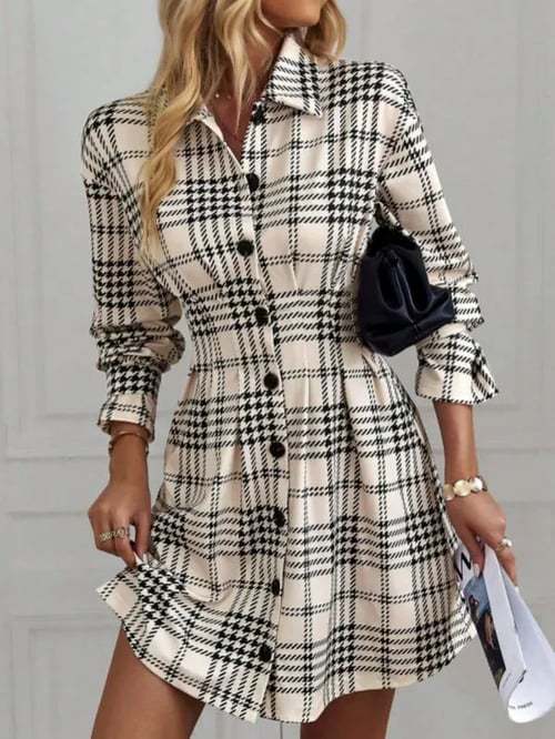 Plaid Button Front Mini Shirt Dress Long Sleeve