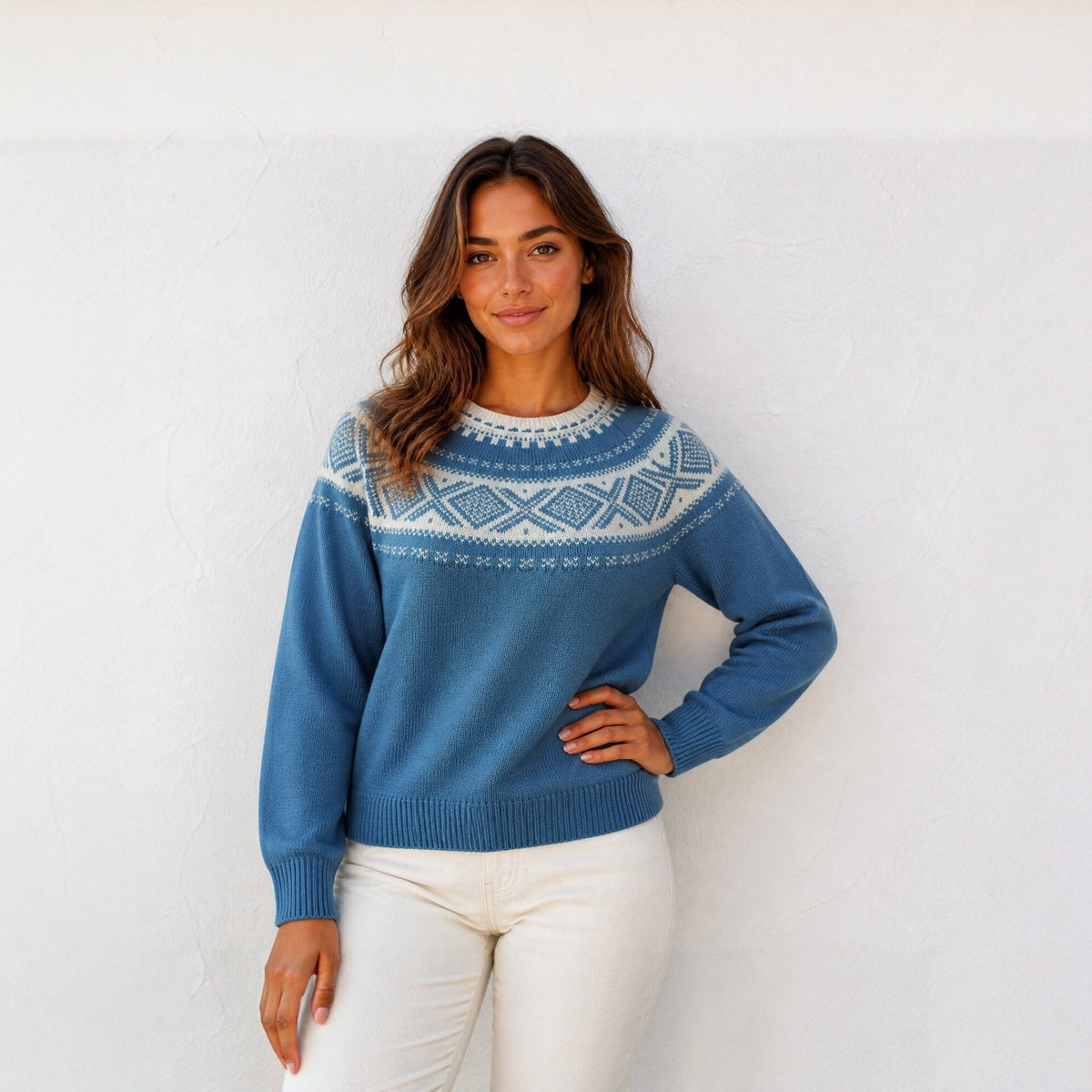 Womens Nordic Fair Isle Sweater Oversized Crewneck Blue
