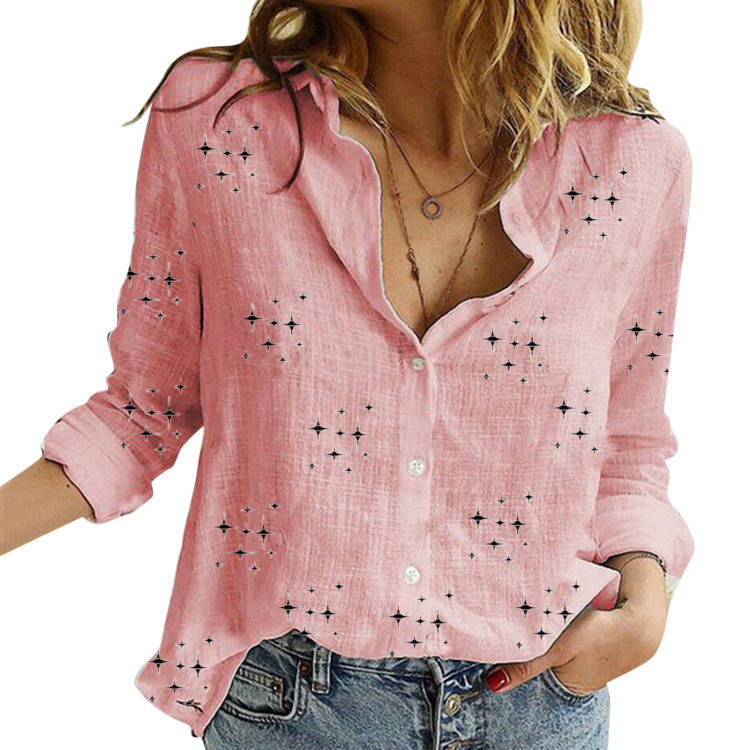 Women's Star Print Button Down Shirt Long Sleeve Loose Fit