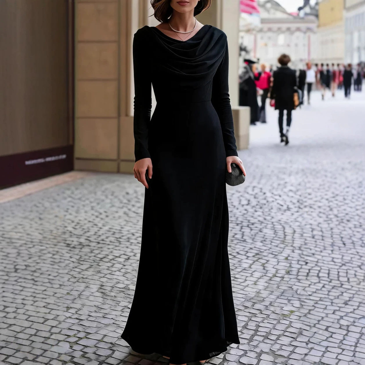 Cowl Neck Long Sleeve Formal Maxi Dress Evening Gown