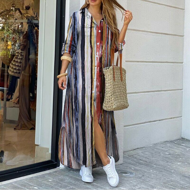 Women's Long Sleeve Button Down Printed Maxi Shirt Dress