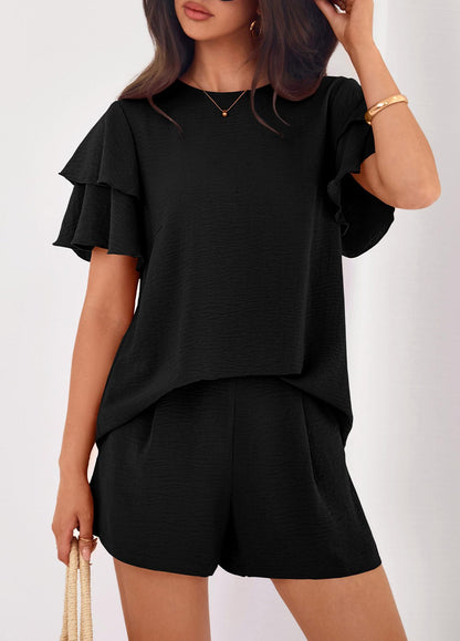 Solid Lounge Set Ruffle Sleeve Top Shorts 2 Piece Set
