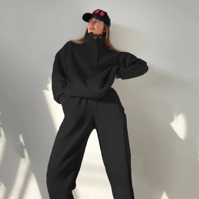 Women's Oversized Fleece Button Mock Neck Sweatsuit Set