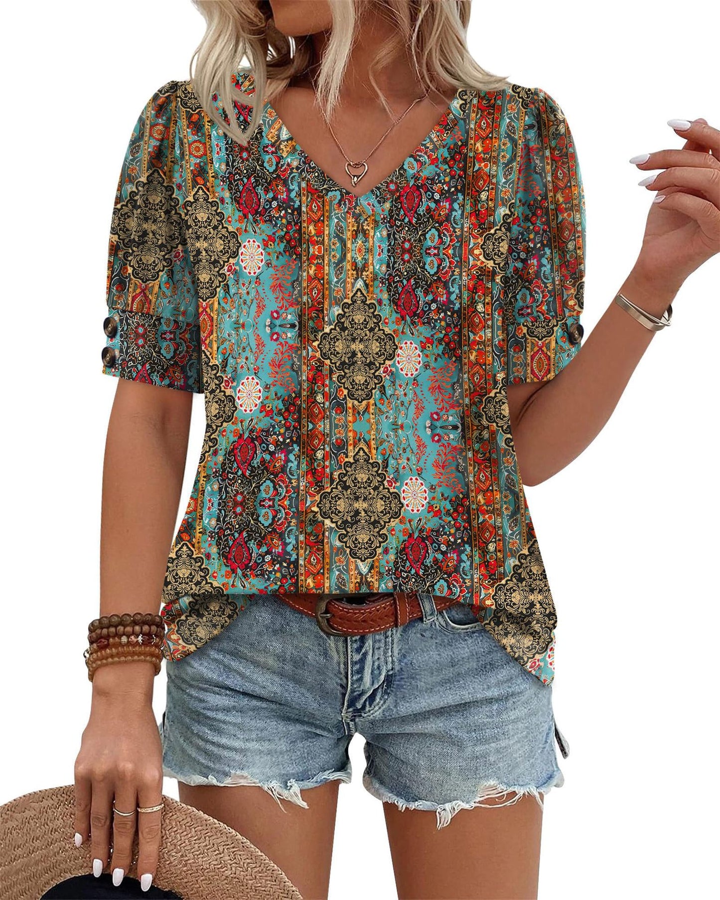 Solid Color V Neck Button Sleeve Puff Top Casual Tee