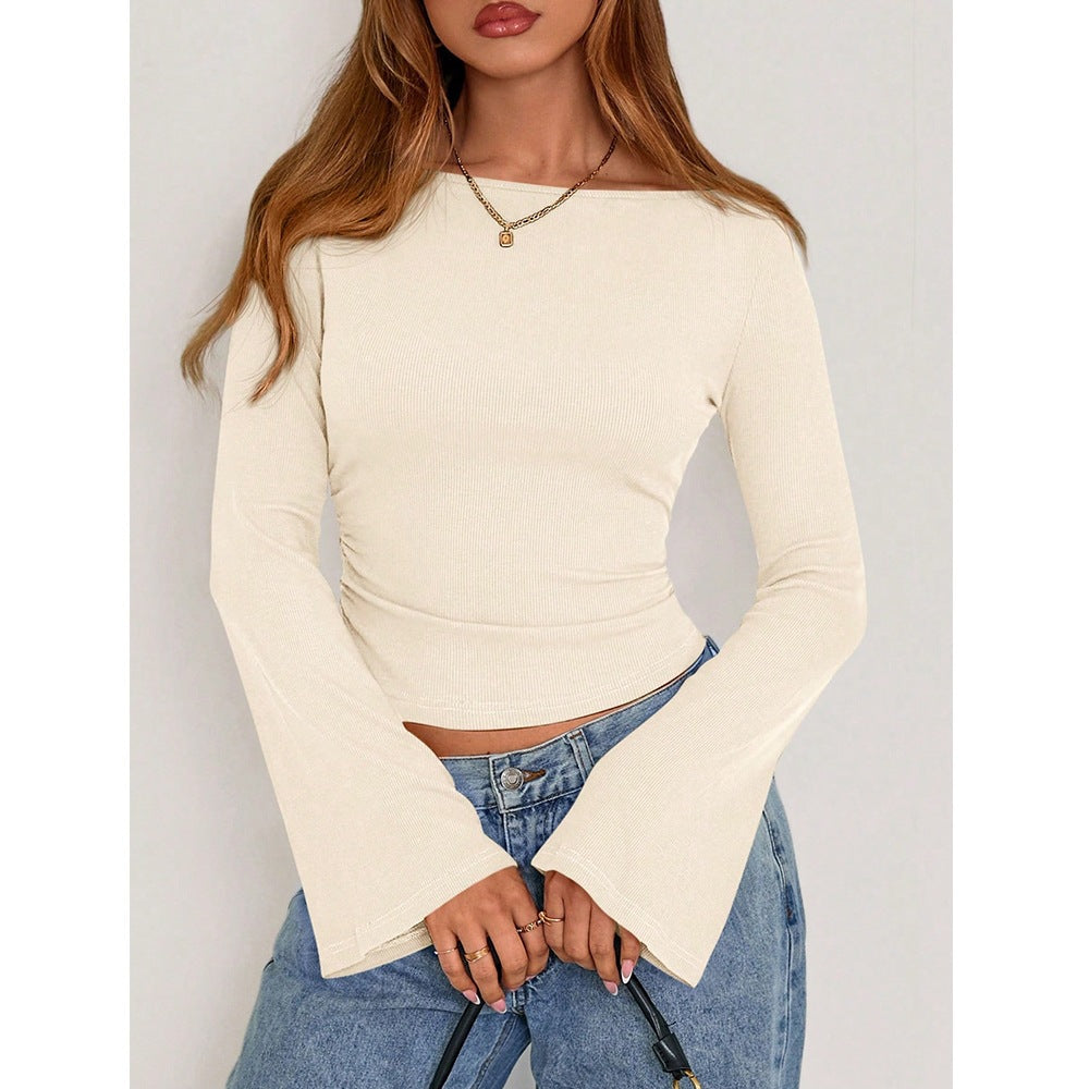 Flare Sleeve Crop Top Y2K Slim Fit Crew Neck Tee