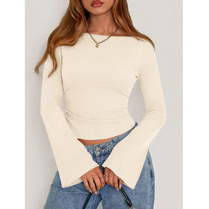 Flare Sleeve Crop Top Y2K Slim Fit Crew Neck Tee