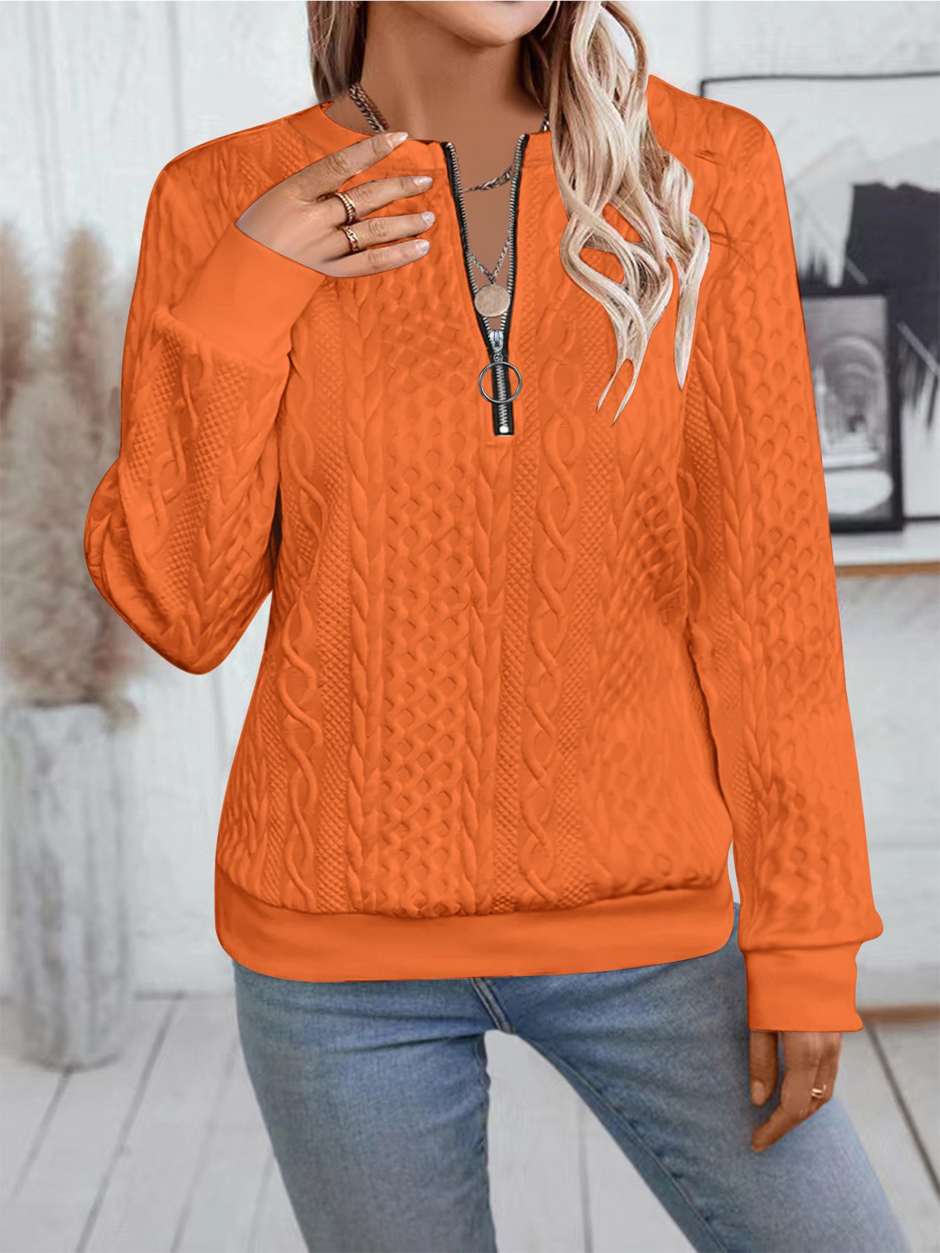 Women's Cable Knit Half Zip Pullover Sweatshirt Long Sleeve