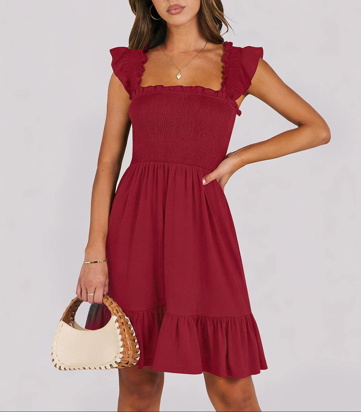 Smocked Square Neck Ruffle Sleeve Midi Dress