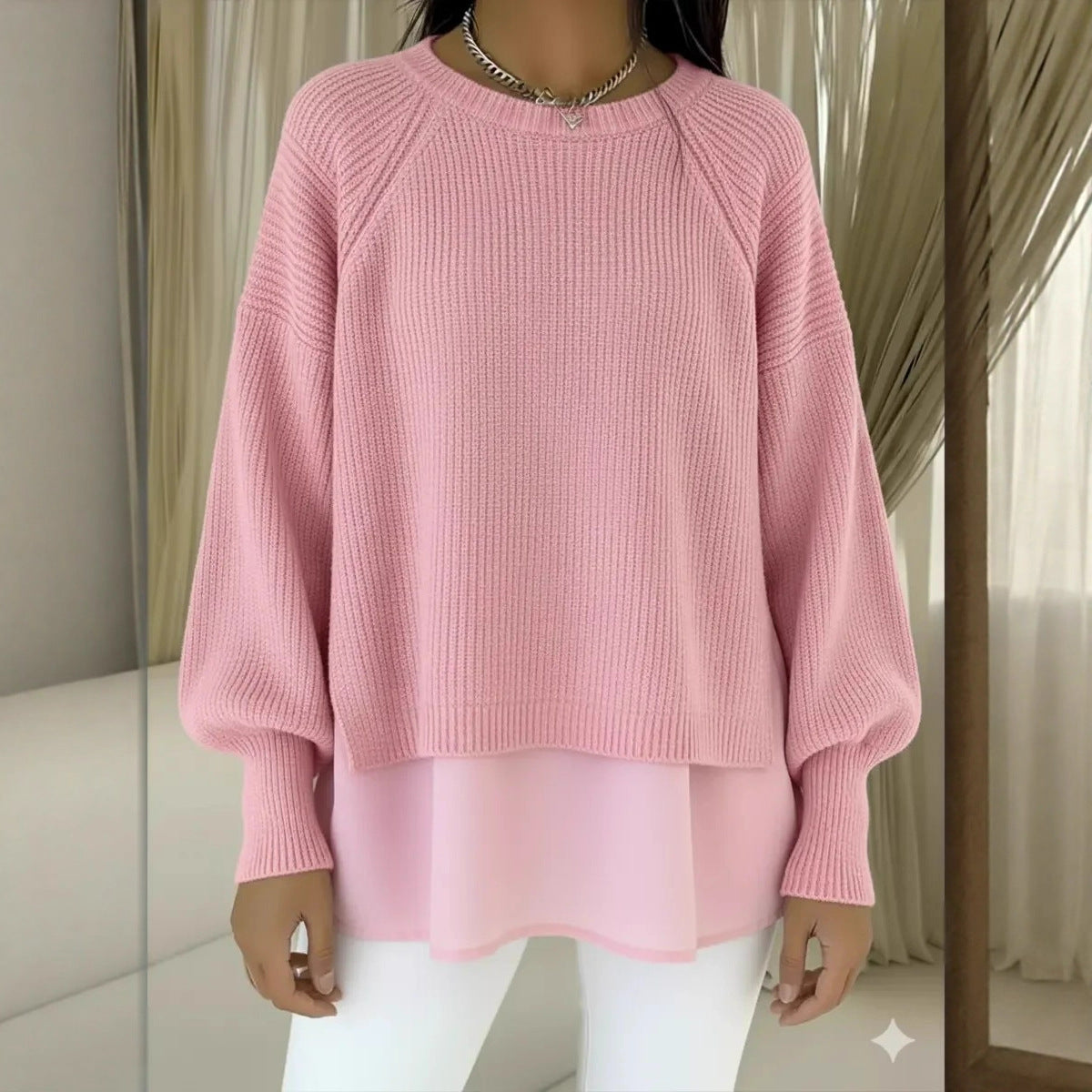 Women's Layered Chiffon Hem Balloon Sleeve Sweater