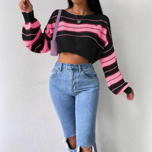 Y2K Striped Oversized Crop Sweater Long Sleeve Top