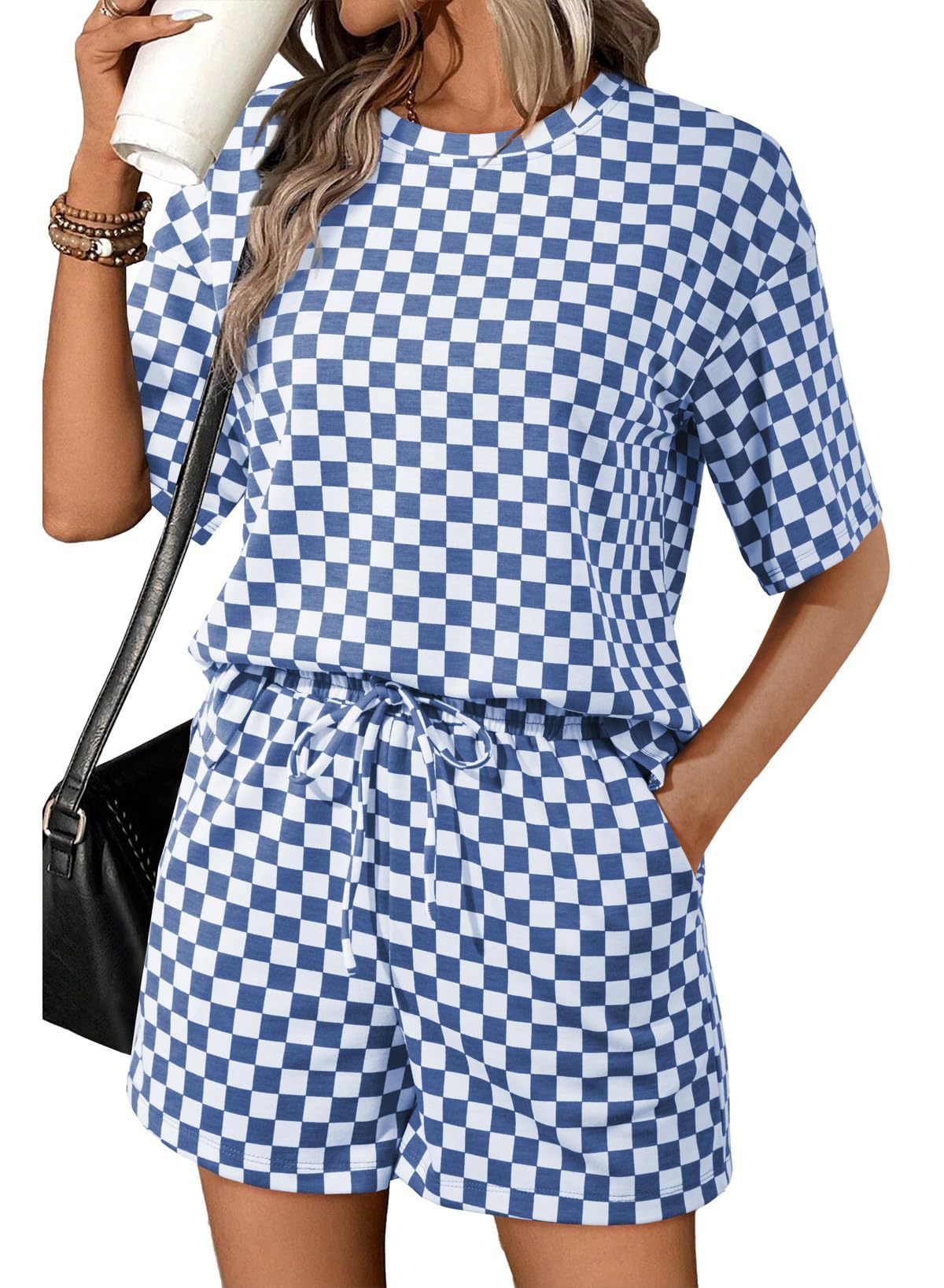 Rose Red Checkerboard Tee and Drawstring Shorts Set