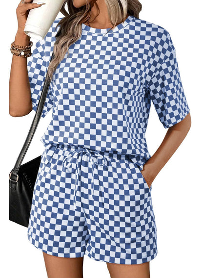 Rose Red Checkerboard Tee and Drawstring Shorts Set
