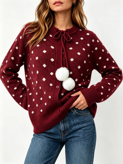 Women's Polka Dot Pom Pom Oversized Knit Cardigan