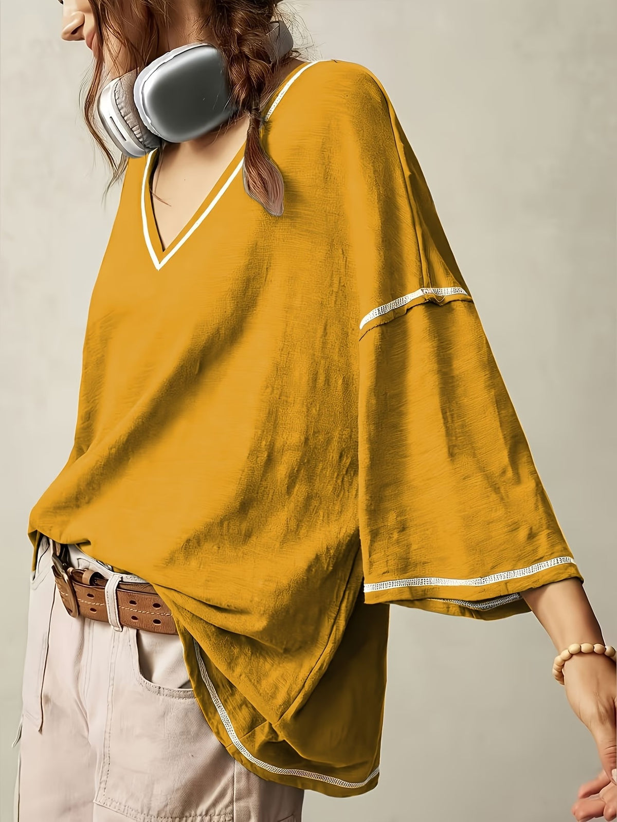 Women's Oversized V-Neck Batwing Sleeve Casual Top
