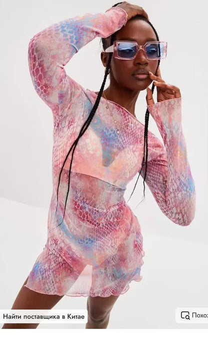 Women's Sheer Mesh Beach Cover Up Long Sleeve Dress