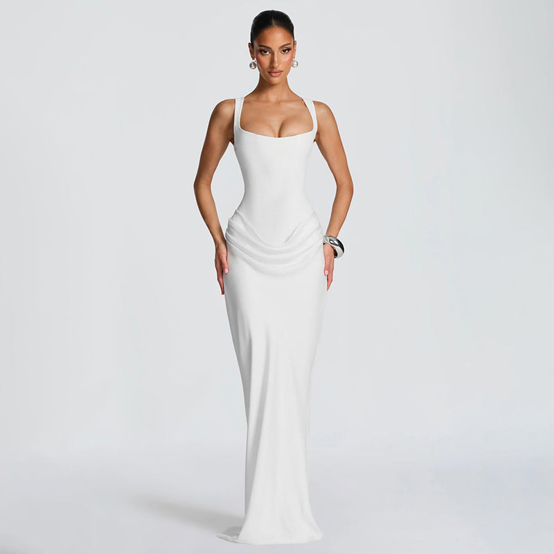 Square Neck Sleeveless Ruched Bodycon Maxi Dress