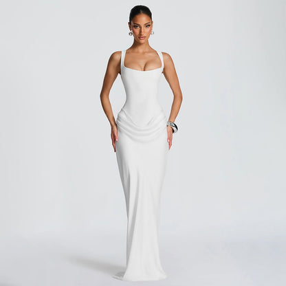 Square Neck Sleeveless Ruched Bodycon Maxi Dress