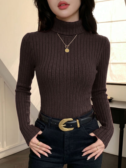 Women's Ribbed Turtleneck Long Sleeve Fitted Top