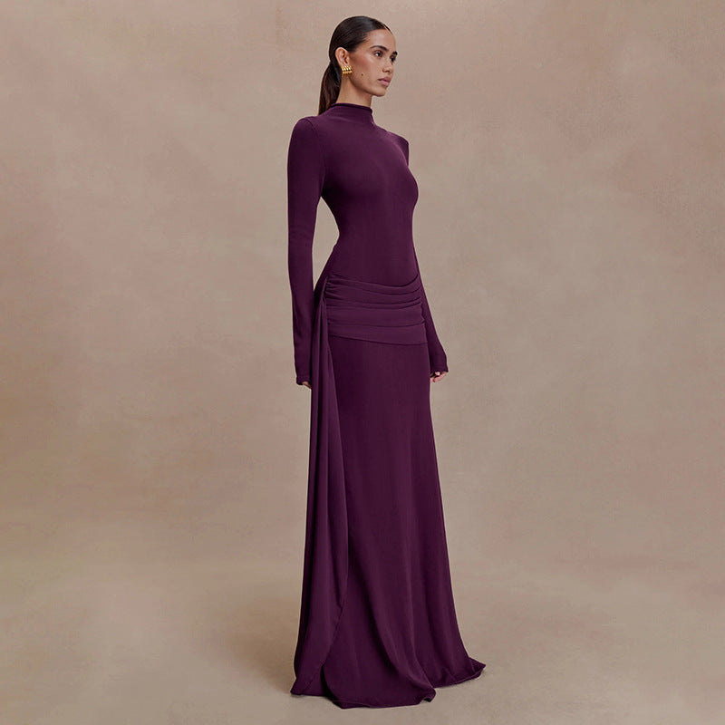 Elegant Mock Neck Long Sleeve Ruched Sash Maxi Dress