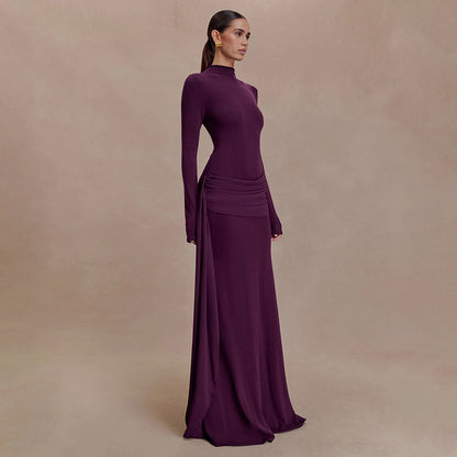 Elegant Mock Neck Long Sleeve Ruched Sash Maxi Dress