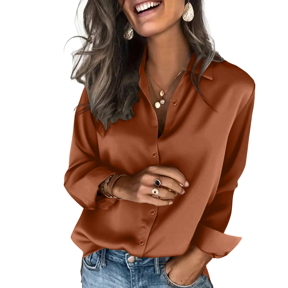 Women's Satin Long Sleeve Button Down Blouse
