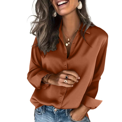 Women's Satin Long Sleeve Button Down Blouse