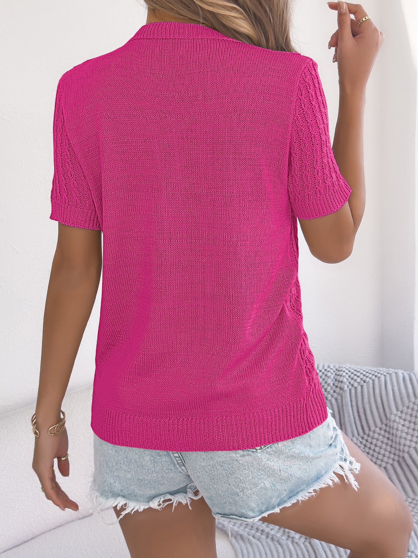 Hollow Cable Knit Buttoned Short Sleeve Top