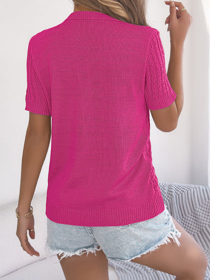 Hollow Cable Knit Buttoned Short Sleeve Top