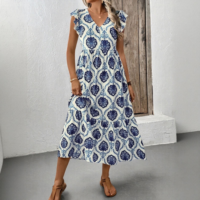 Boho Geometric Print Flutter Sleeve Midi Dress
