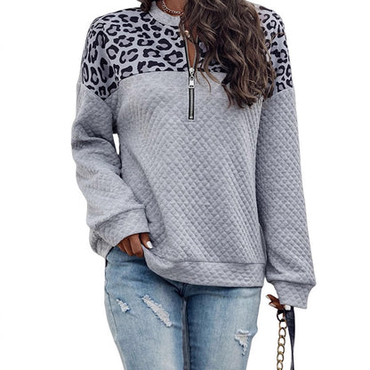 Quilted Leopard Print Quarter Zip Oversized Sweatshirt