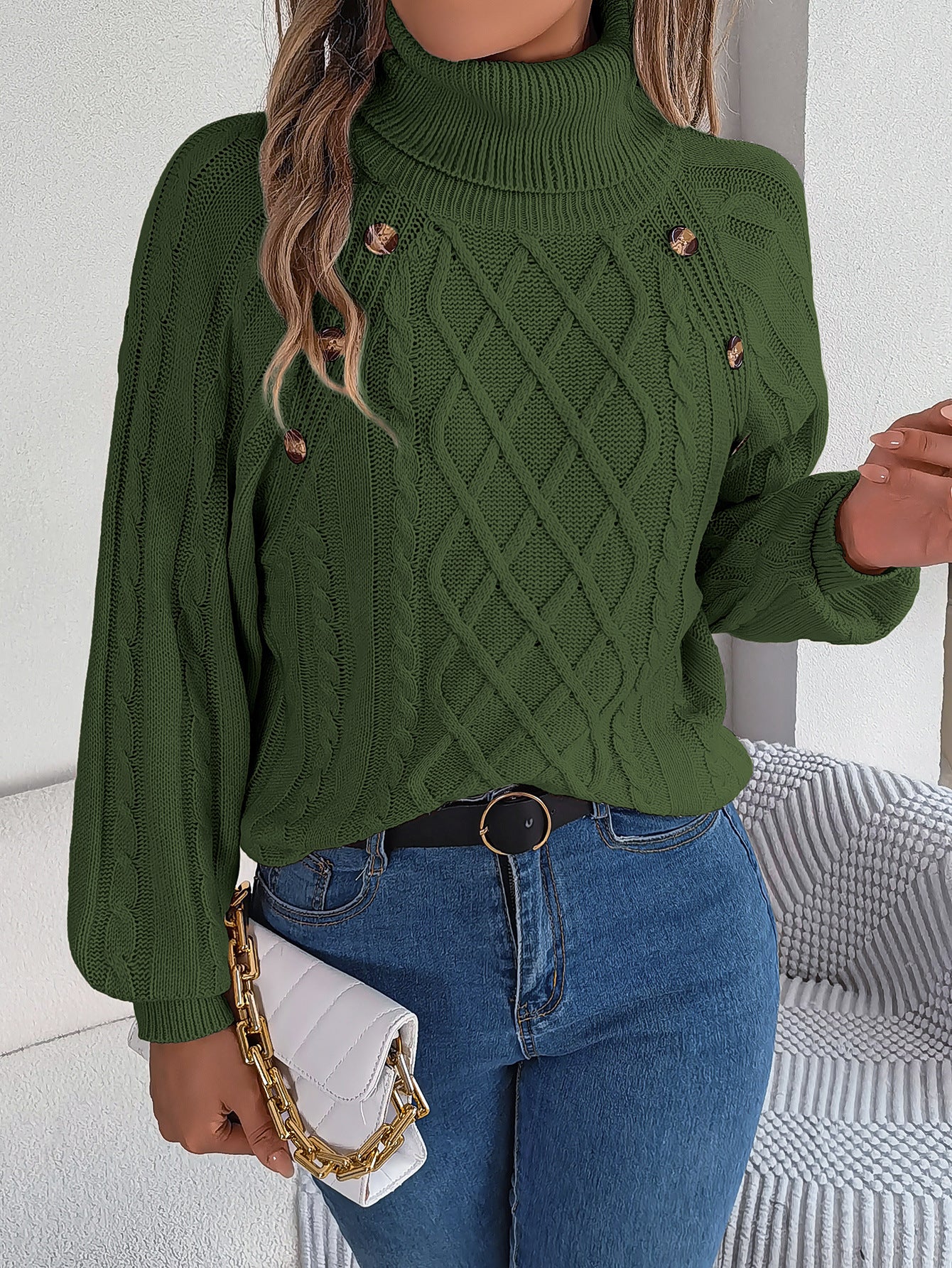 2025 Fall Winter Buttoned Cable Knit Turtleneck Sweater