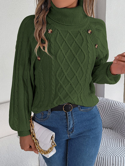 2025 Fall Winter Buttoned Cable Knit Turtleneck Sweater