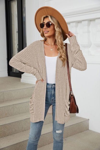 Simple Pocketed Long Sleeve Cardigan Knit Top
