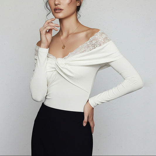 White Lace Off Shoulder Long Sleeve Bodysuit