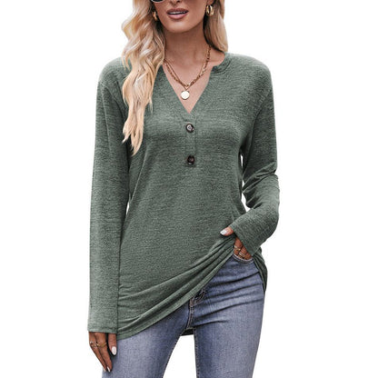 Polished Long Sleeve T-Shirt with V-Neck and Button Details