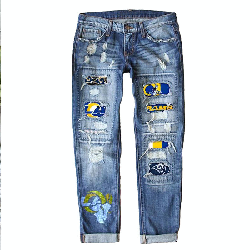Game Day Ripped Straight Leg Jeans with Sporty Patchwork Design