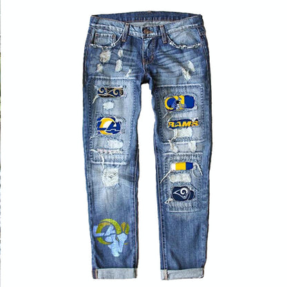 Game Day Ripped Straight Leg Jeans with Sporty Patchwork Design