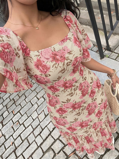 Floral Square Neck Maxi Dress Flutter Sleeve Cottagecore