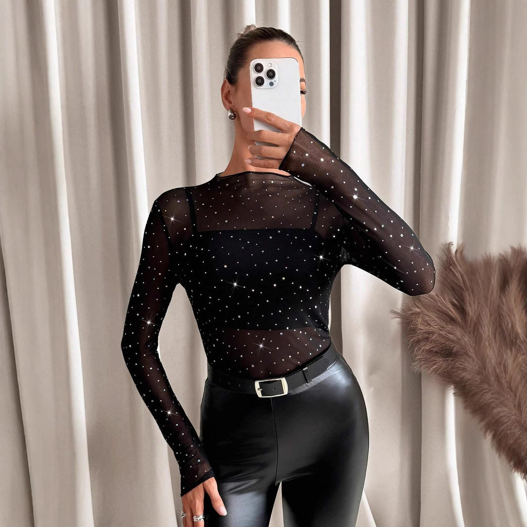 Sheer Mesh Rhinestone Long Sleeve Mock Neck Party Top