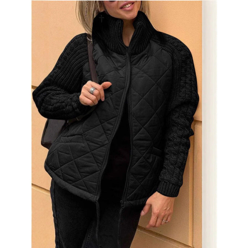 Women's Quilted Zip Jacket Cable Knit Sleeve Stand Collar