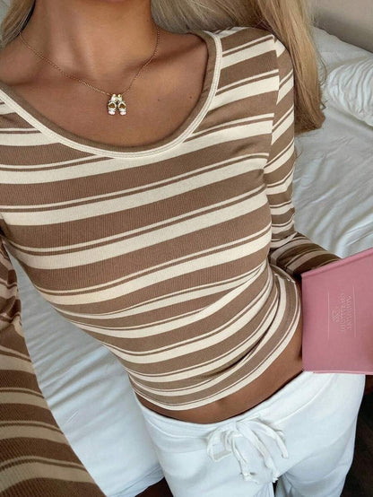Stripe Ribbed Fitted Crop Top Crew Neck Long Sleeve Tee