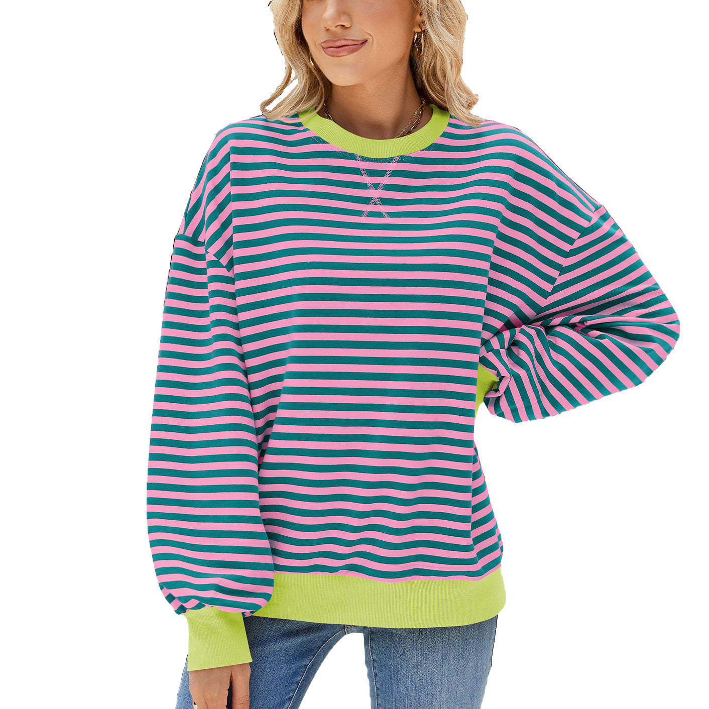Striped Color Block Crew Neck Loose Fit Long Sleeve Sweatshirt