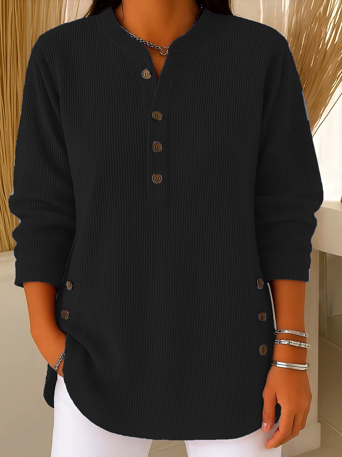 Corduroy Button Front Long Sleeve Henley Top