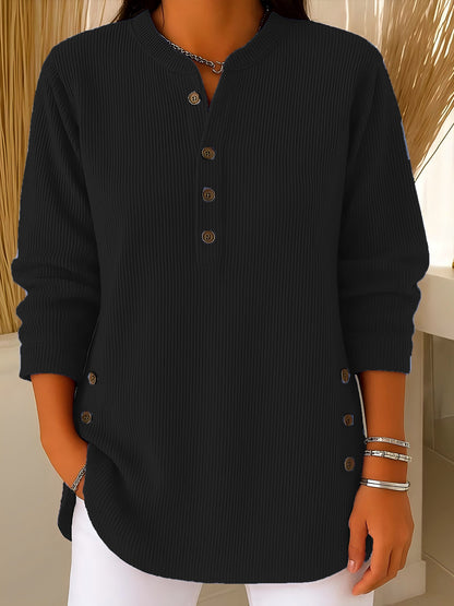 Corduroy Button Front Long Sleeve Henley Top