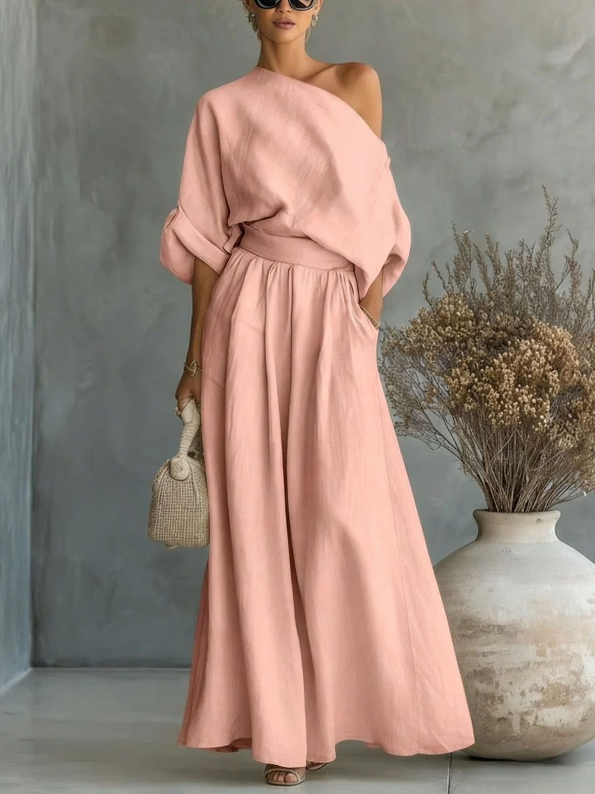 Women's One Shoulder Top Wide Leg Pants Matching Set