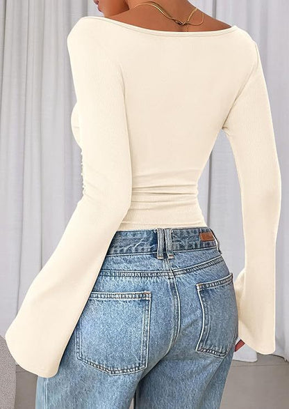 Women's Ruched Boat Neck Bell Sleeve Ribbed Top